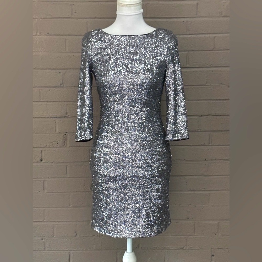 Aqua Silver sequin low V back party dress 2